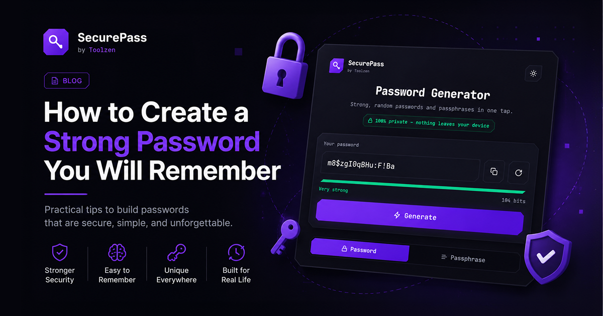Dark blue and violet gradient graphic reading 'Create a Strong Password You'll Actually Remember' with the Toolzen logo