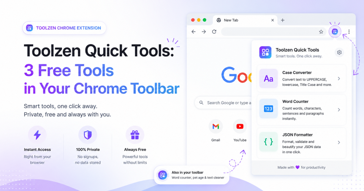 Dark violet-to-cyan gradient graphic reading 'Toolzen Quick Tools: 3 Tools, 1 Toolbar' with the Toolzen logo