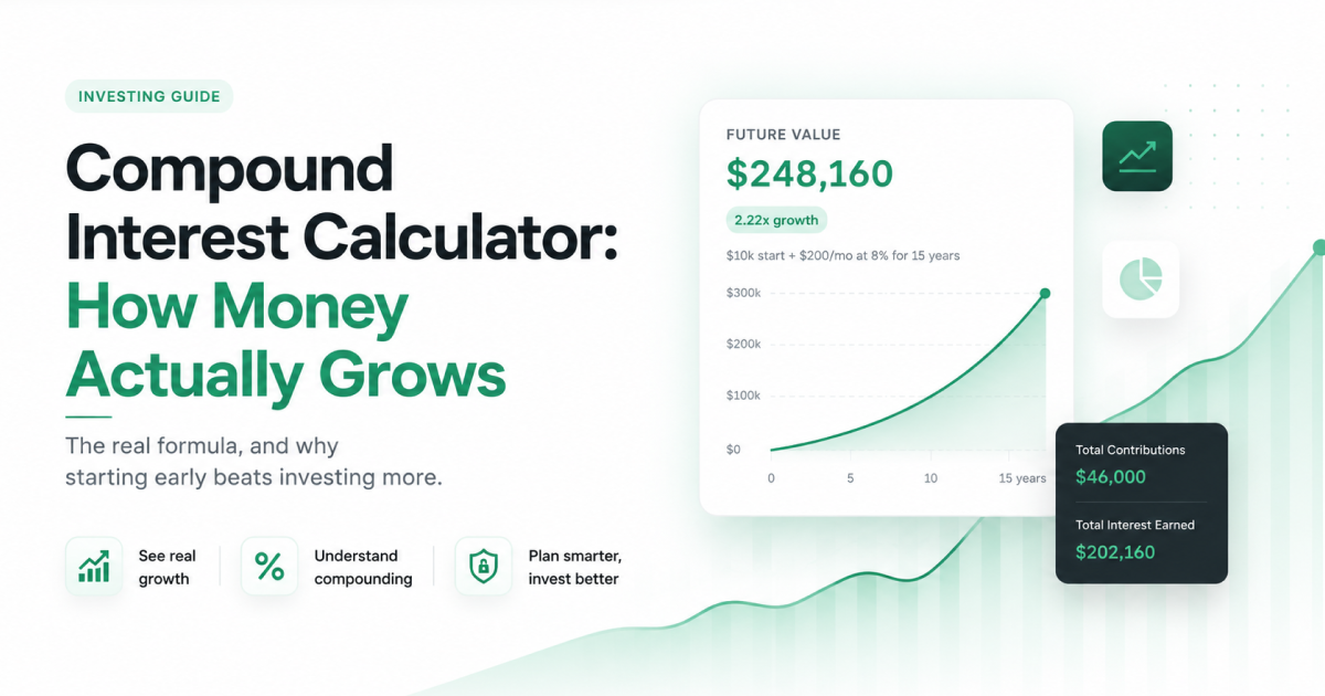 Dark green gradient graphic reading 'Compound Interest: How Money Grows' with the Toolzen logo