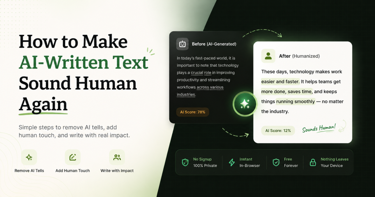 Dark lime-green gradient graphic reading 'Make AI Text Sound Human Again' with the Toolzen logo
