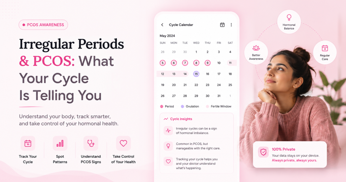 Dark pink gradient graphic reading 'Irregular Periods & PCOS' with a cycle ring motif and the Toolzen logo